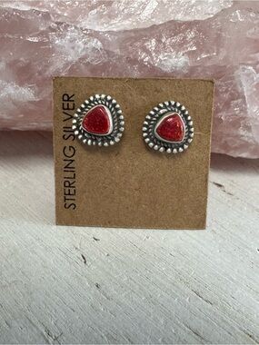Handcrafted Sterling Silver Red Balloon Opal Stud Earrings